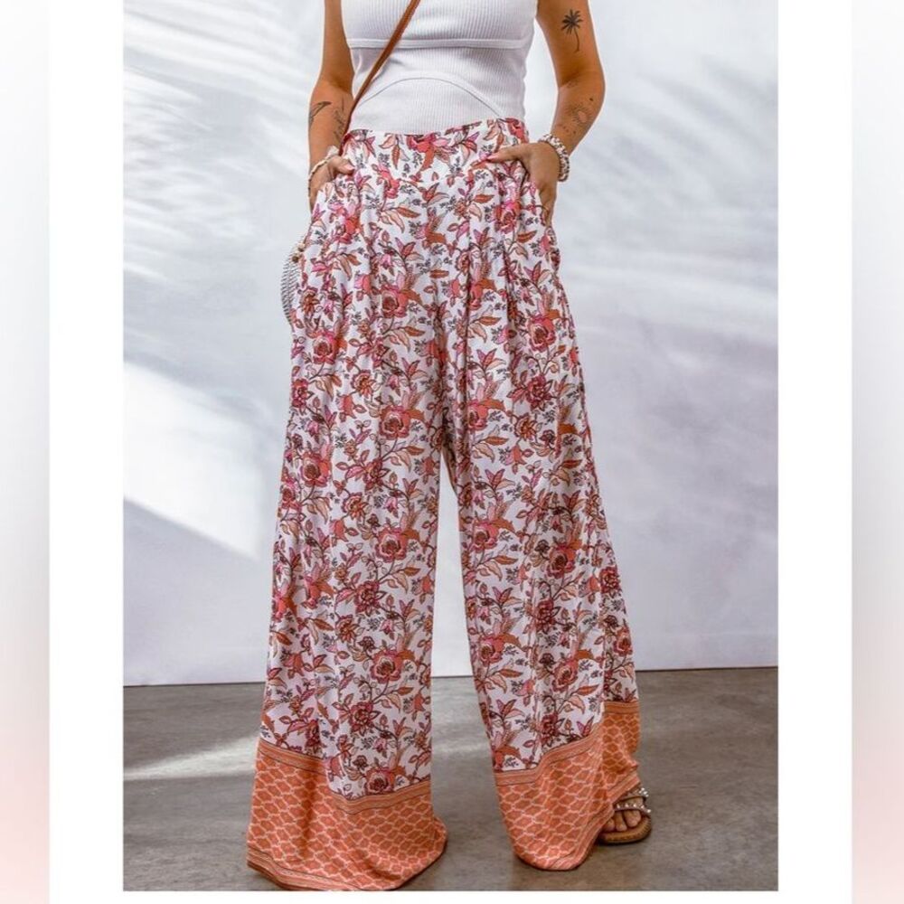 NWT Wide-Leg Pull-on Elastic Waist Flowy Boho Pants Pockets Orange Pink Floral S